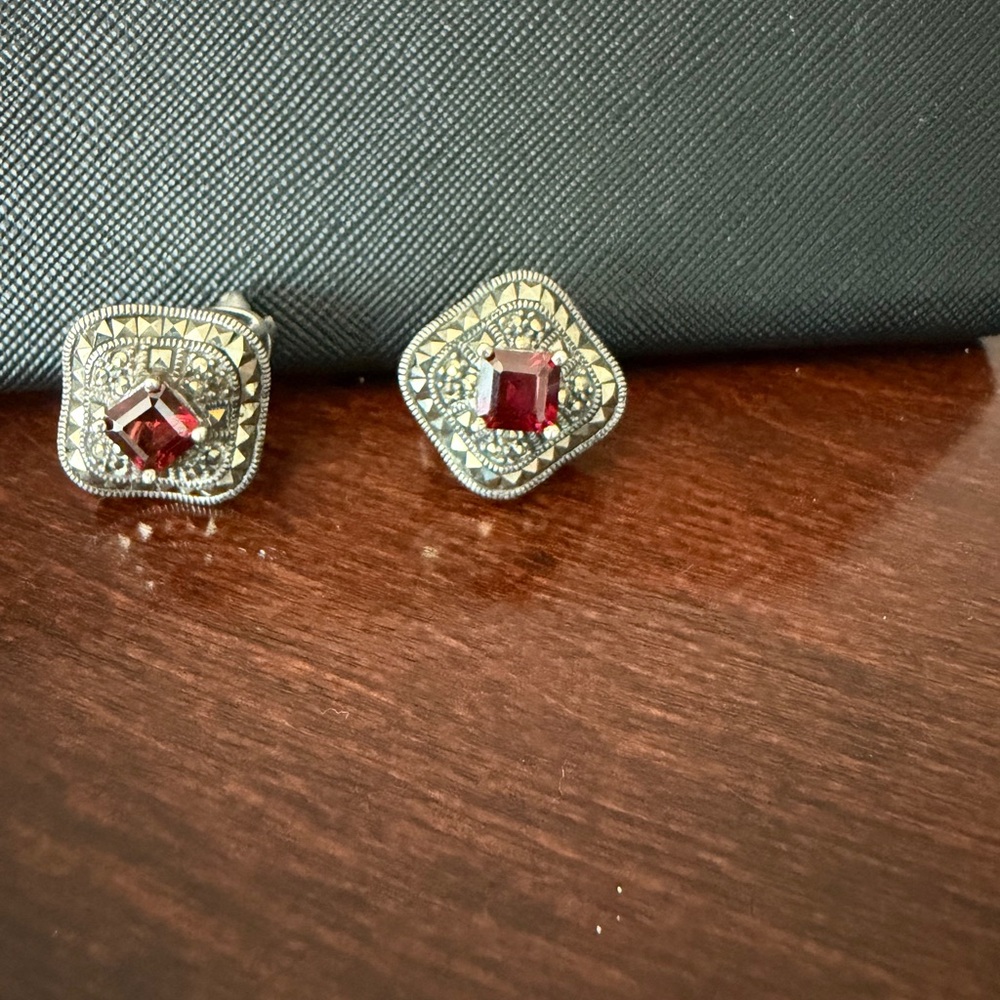 Vintage-Inspired Silver Earrings with Marcasite and Garnet